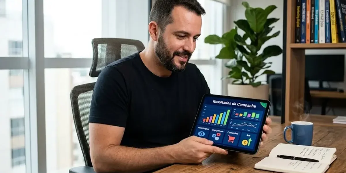 Profissional de marketing analisando gráficos de desempenho em um tablet, com interface inspirada no painel do TikTok Ads.