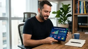 Profissional de marketing analisando gráficos de desempenho em um tablet, com interface inspirada no painel do TikTok Ads.