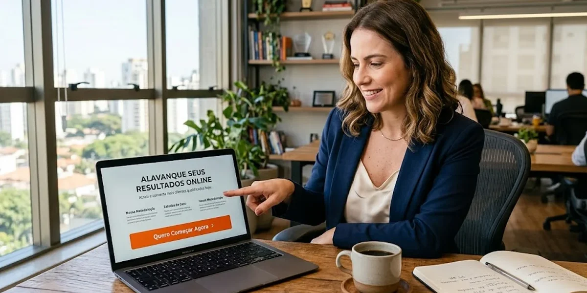 anatomia-landing-page-alta-conversao-marketing Consultor de marketing digital apontando para tela de notebook exibindo estrutura de uma landing page otimizada.