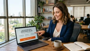 Consultor de marketing digital apontando para tela de notebook exibindo estrutura de uma landing page otimizada.