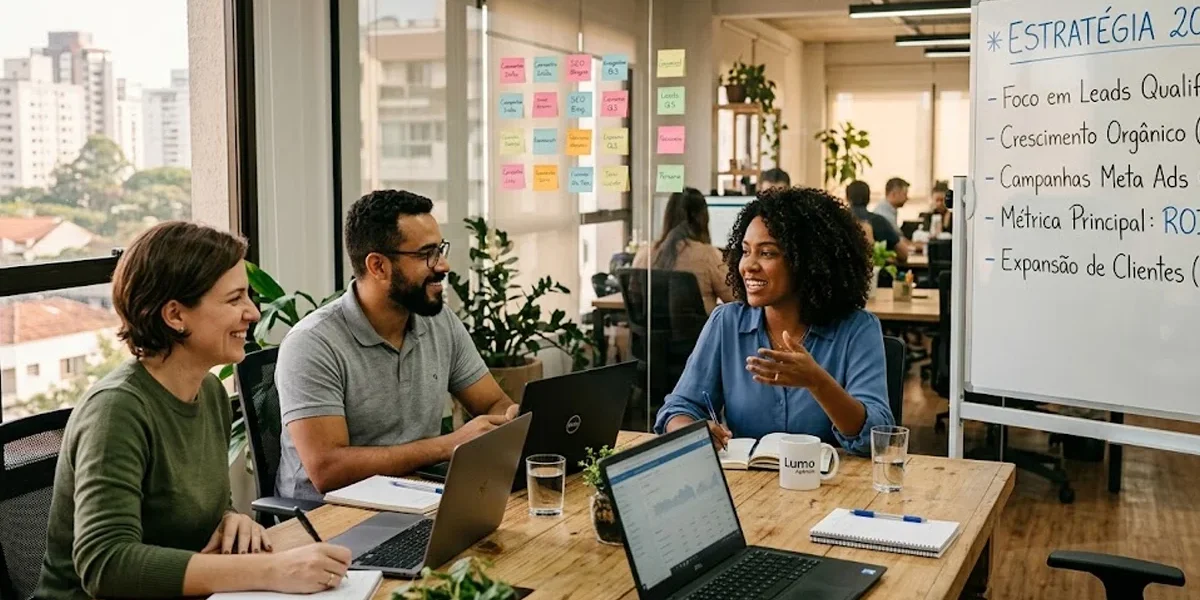 bastidores-equipe-estrategia-agencia-marketing-digital Equipe de marketing reunida em escritório moderno analisando métricas em telas e planejando estratégia em conjunto.