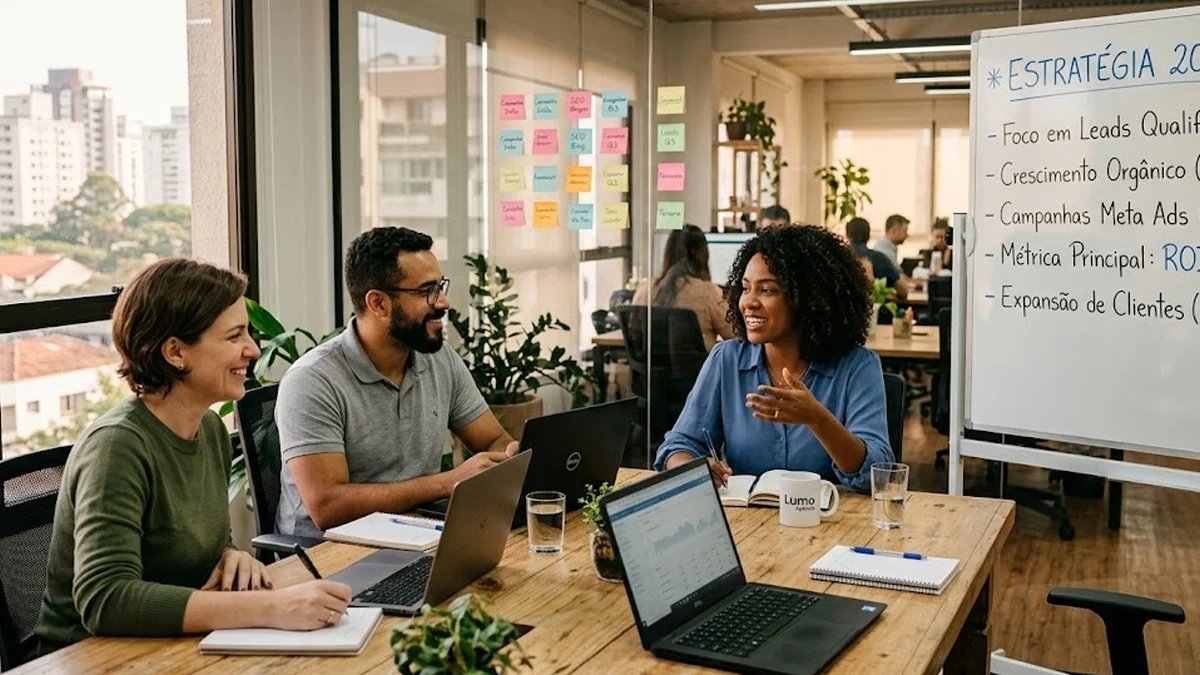 Equipe de marketing reunida em escritório moderno analisando métricas em telas e planejando estratégia em conjunto.