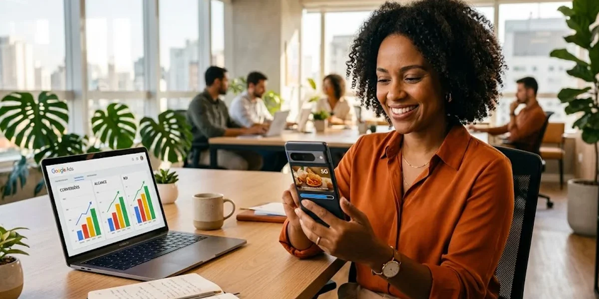 consultora-marketing-analisando-velocidade-anuncio-5g-smartphone Mulher profissional de marketing sorridente segurando smartphone moderno com gráficos de carregamento rápido em ambiente de escritório.