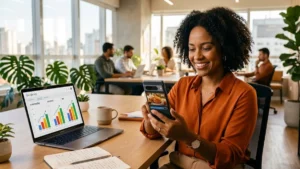 Mulher profissional de marketing sorridente segurando smartphone moderno com gráficos de carregamento rápido em ambiente de escritório.