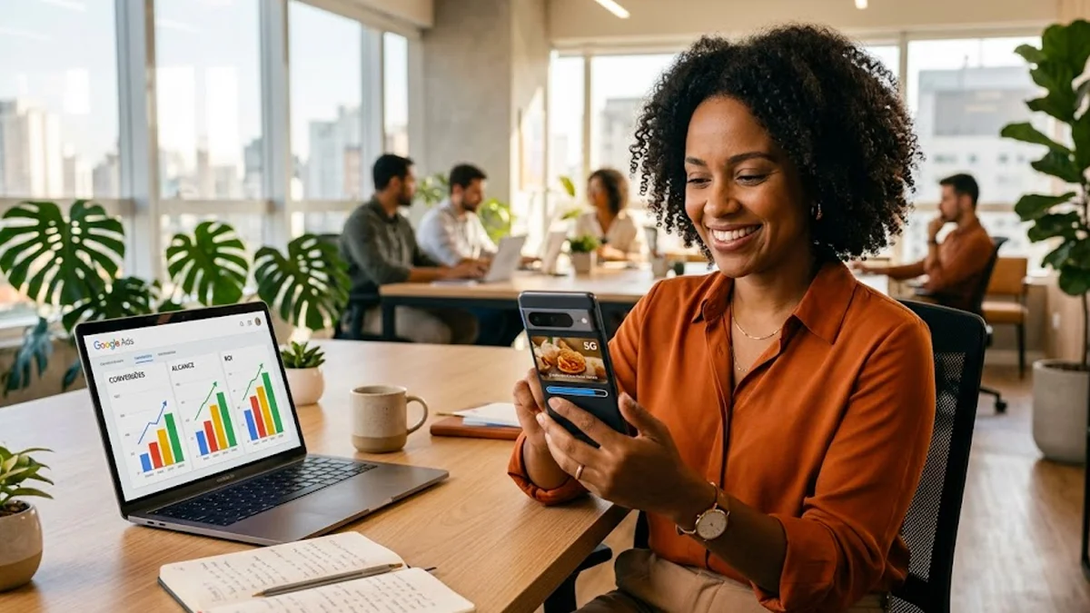 Mulher profissional de marketing sorridente segurando smartphone moderno com gráficos de carregamento rápido em ambiente de escritório.