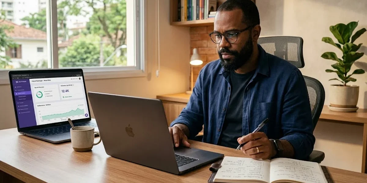 Empresário focado no notebook em escritório claro, escolhendo a hospedagem de site ideal para seu negócio.