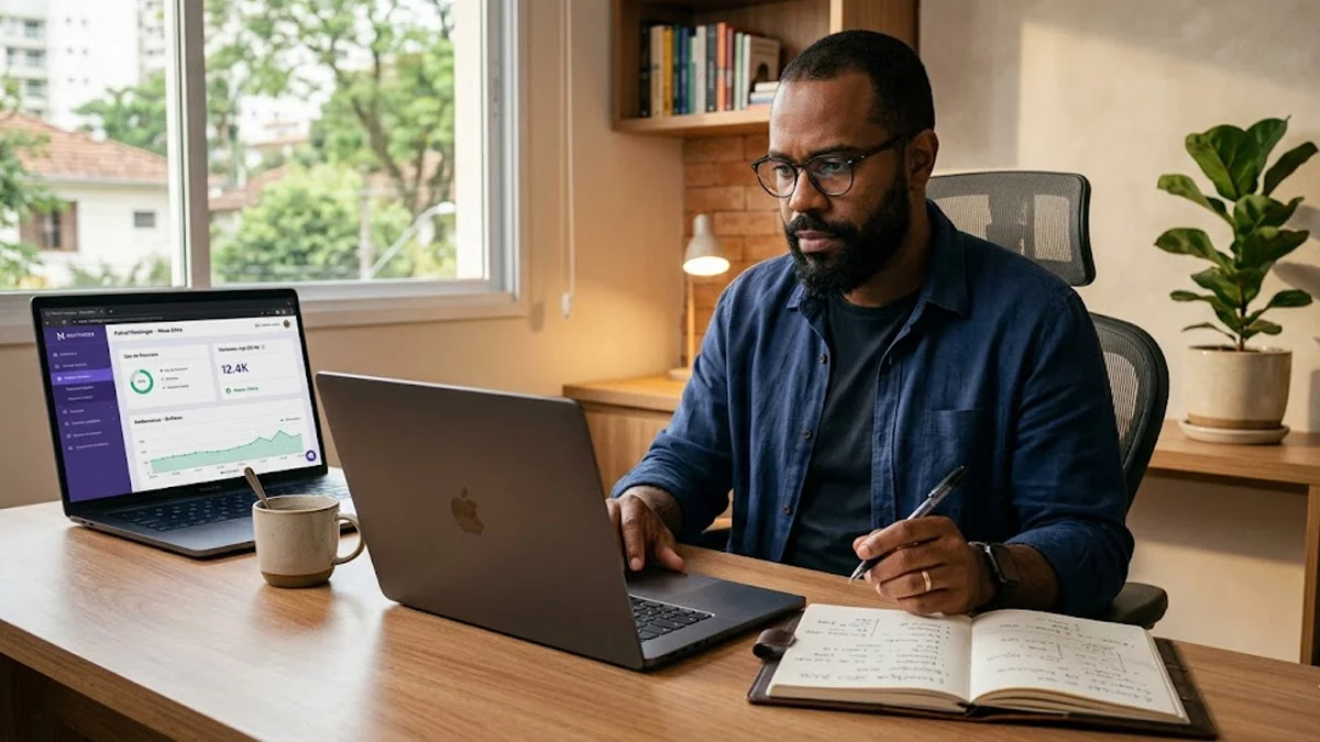 Empresário focado no notebook em escritório claro, escolhendo a hospedagem de site ideal para seu negócio.
