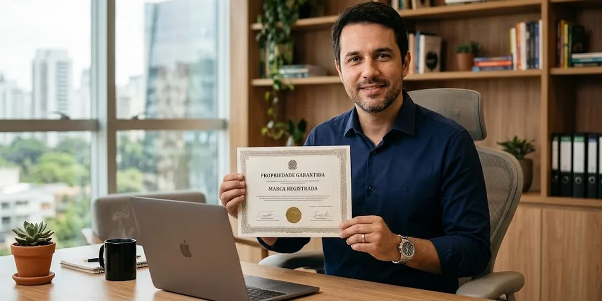 Empresário em escritório moderno revisando documento de registro de marca com selo de proteção jurídica.