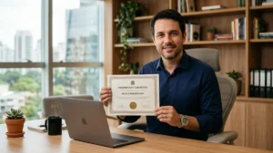 Empresário em escritório moderno revisando documento de registro de marca com selo de proteção jurídica.