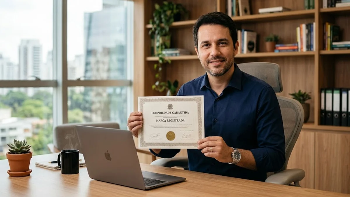 Empresário em escritório moderno revisando documento de registro de marca com selo de proteção jurídica.