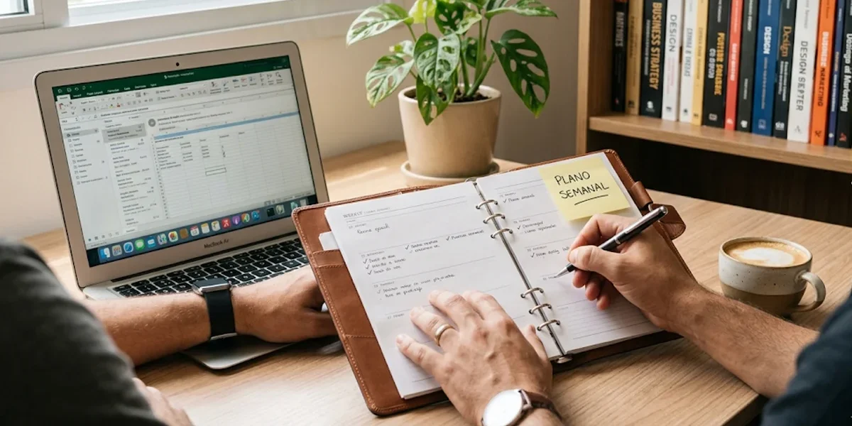 Profissional em um escritório organizado, utilizando um planner e notebook para estruturar uma estratégia de marketing digital.