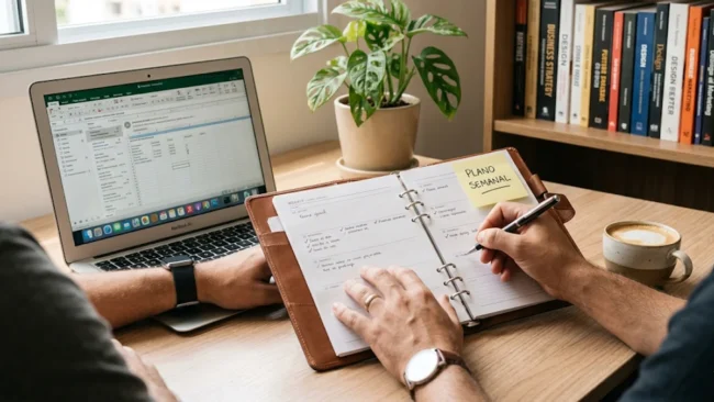 Profissional em um escritório organizado, utilizando um planner e notebook para estruturar uma estratégia de marketing digital.