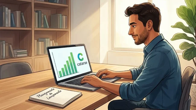 estrategia-campanha-catarse-planejamento Empreendedor analisando métricas de uma campanha de financiamento coletivo em um notebook em seu escritório.