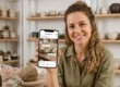 Empreendedora sorridente em seu ateliê segurando um smartphone que exibe a interface do Instagram Shopping com etiquetas de preço.