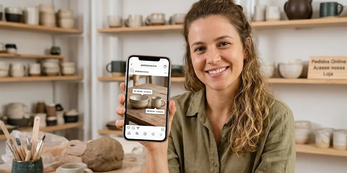 estrategia-instagram-shopping-pequena-empresa Empreendedora sorridente em seu ateliê segurando um smartphone que exibe a interface do Instagram Shopping com etiquetas de preço.