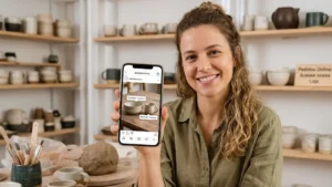 Empreendedora sorridente em seu ateliê segurando um smartphone que exibe a interface do Instagram Shopping com etiquetas de preço.