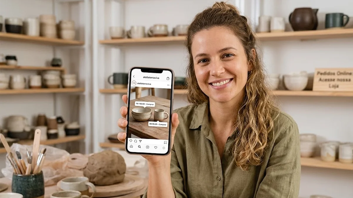 Empreendedora sorridente em seu ateliê segurando um smartphone que exibe a interface do Instagram Shopping com etiquetas de preço.