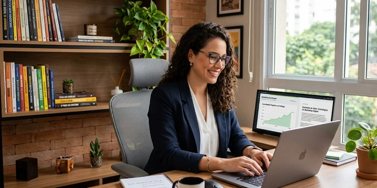 Um consultor de marketing em um escritório iluminado conversando amigavelmente com um cliente através de uma videochamada no notebook.