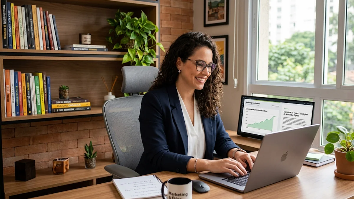 Um consultor de marketing em um escritório iluminado conversando amigavelmente com um cliente através de uma videochamada no notebook.