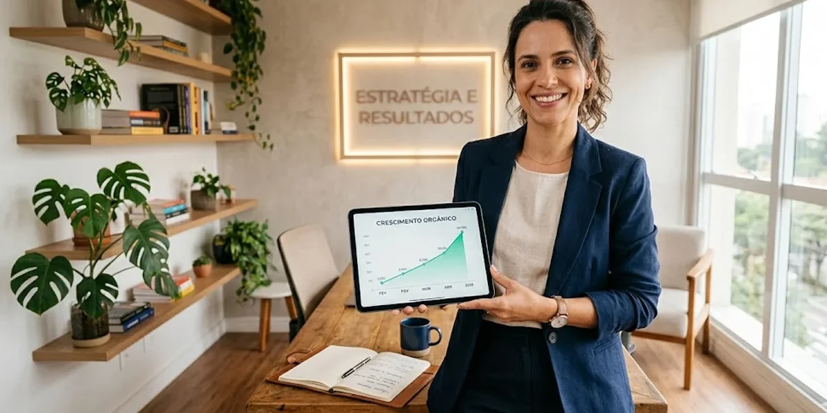Empresário sorridente em um escritório moderno, analisando dados de engajamento em um tablet com gráficos de crescimento.