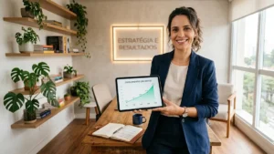 Empresário sorridente em um escritório moderno, analisando dados de engajamento em um tablet com gráficos de crescimento.