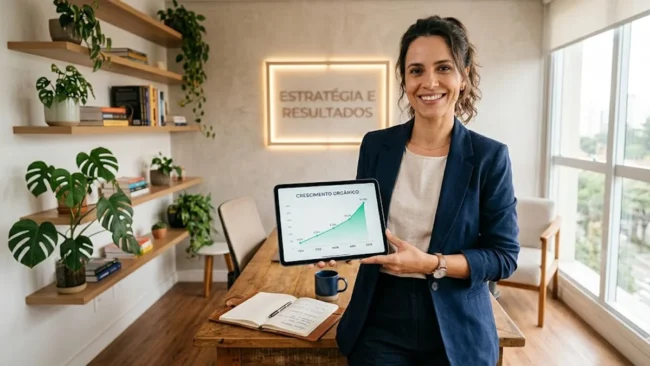 Empresário sorridente em um escritório moderno, analisando dados de engajamento em um tablet com gráficos de crescimento.