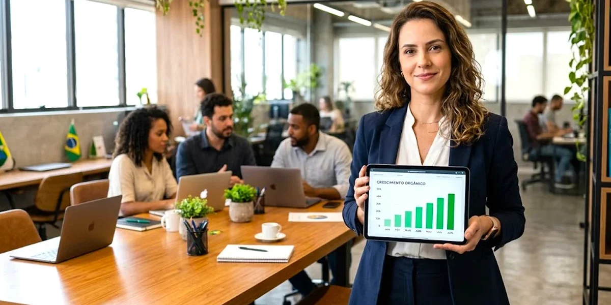 estrategia-marketing-digital-pos-adblockers Um consultor de marketing analisando métricas de crescimento em um tablet, com um ambiente de escritório moderno ao fundo.