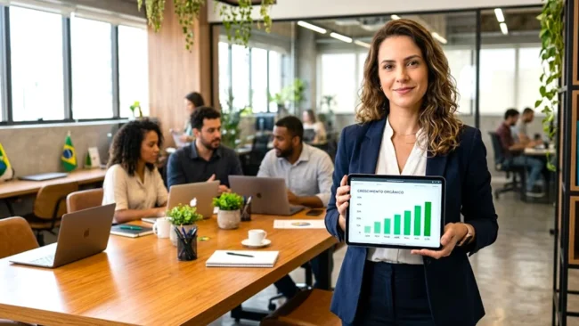 Um consultor de marketing analisando métricas de crescimento em um tablet, com um ambiente de escritório moderno ao fundo.