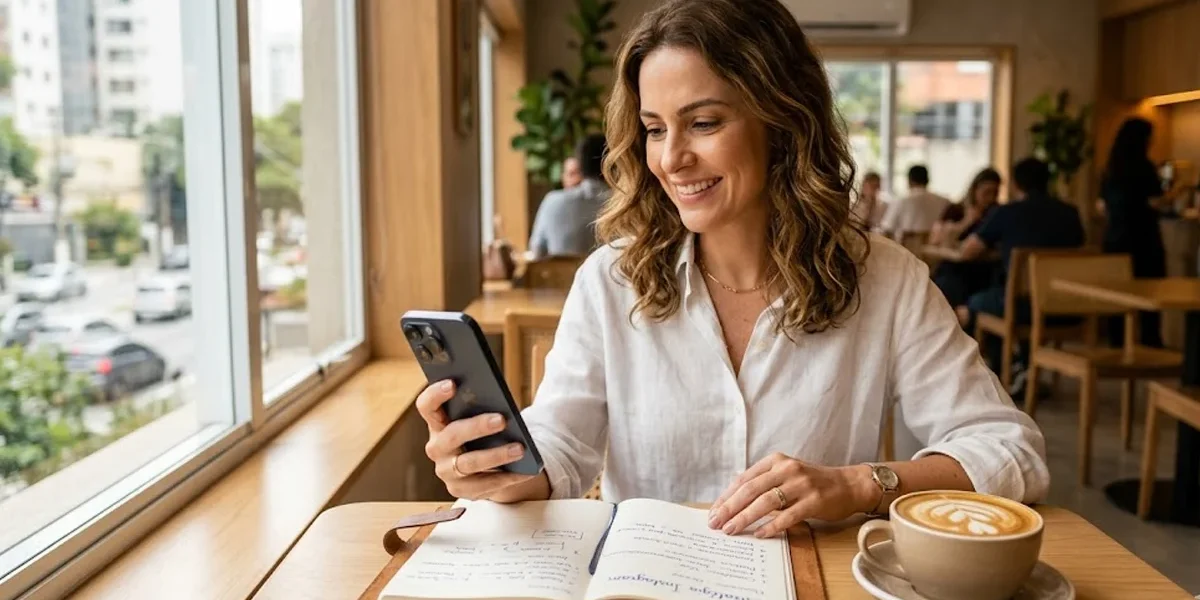 Empresária em seu escritório revisando métricas do Instagram em um tablet, com ambiente profissional e moderno.