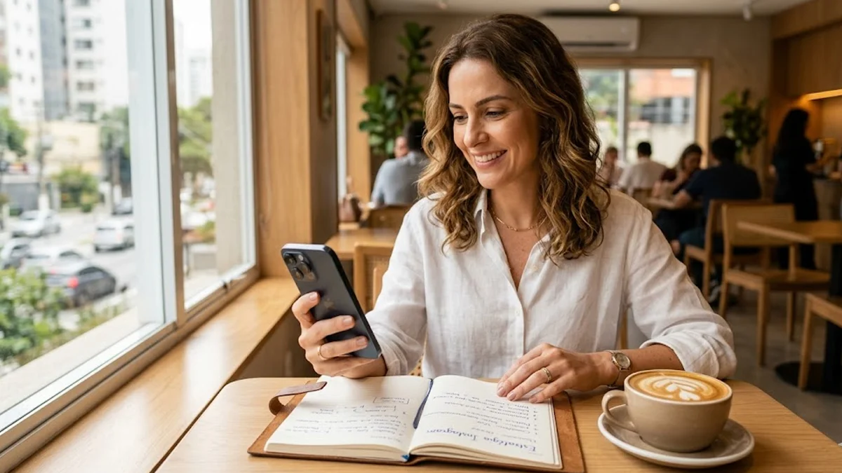 Empresária em seu escritório revisando métricas do Instagram em um tablet, com ambiente profissional e moderno.