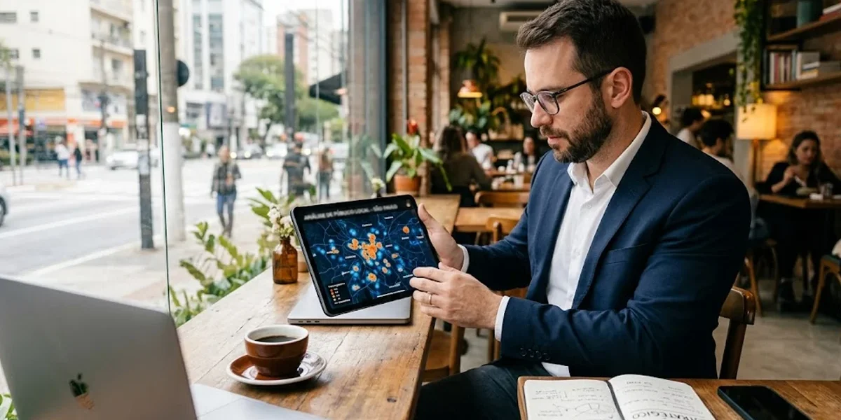 Empresário analisando um mapa digital de uma cidade em um tablet, focando em pontos estratégicos para marketing local.