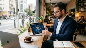 Empresário analisando um mapa digital de uma cidade em um tablet, focando em pontos estratégicos para marketing local.