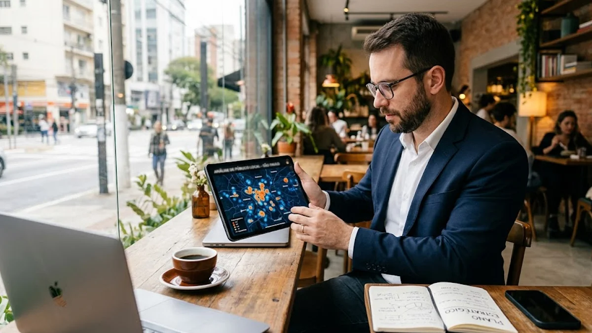 Empresário analisando um mapa digital de uma cidade em um tablet, focando em pontos estratégicos para marketing local.