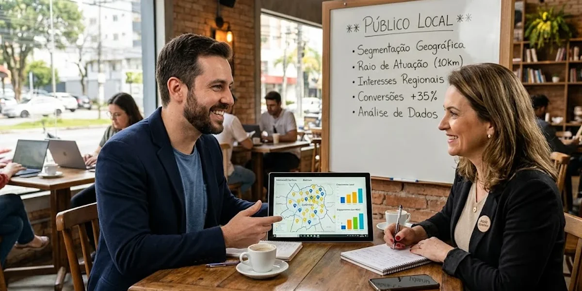 estrategia-marketing-local-segmentacao-cidade Especialista em marketing analisando um mapa digital de uma cidade para configurar anúncios locais em um notebook.