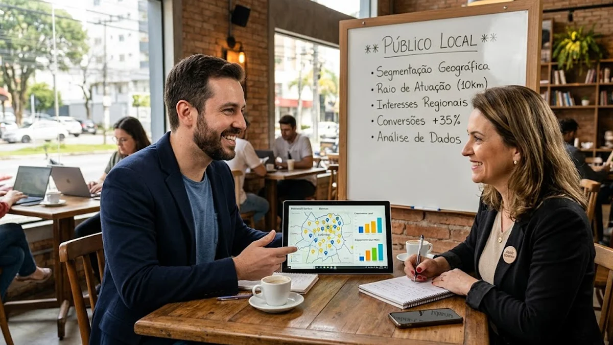 Especialista em marketing analisando um mapa digital de uma cidade para configurar anúncios locais em um notebook.