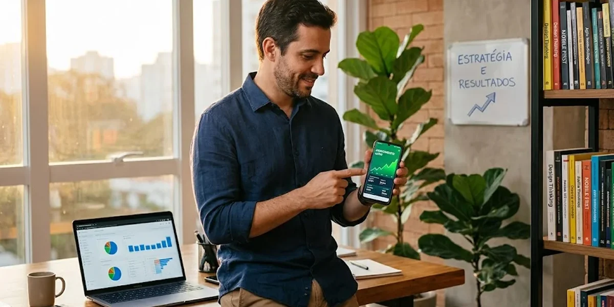 estrategia-monetizacao-app-android-admob Profissional de tecnologia analisando métricas de faturamento e gráficos de eCPM em um smartphone e notebook.