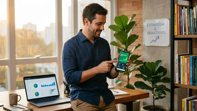 estrategia-monetizacao-app-android-admob Profissional de tecnologia analisando métricas de faturamento e gráficos de eCPM em um smartphone e notebook.