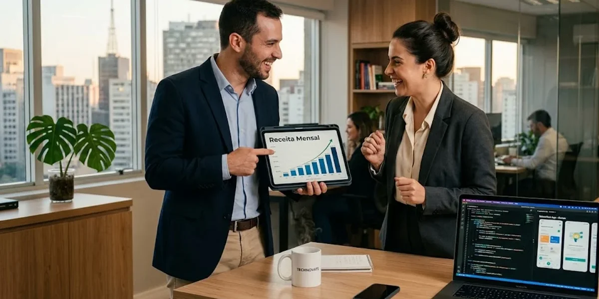 estrategias-monetizacao-app-educacional-negocios Empreendedor analisa métricas de crescimento de um aplicativo educacional em um tablet em ambiente de escritório moderno.