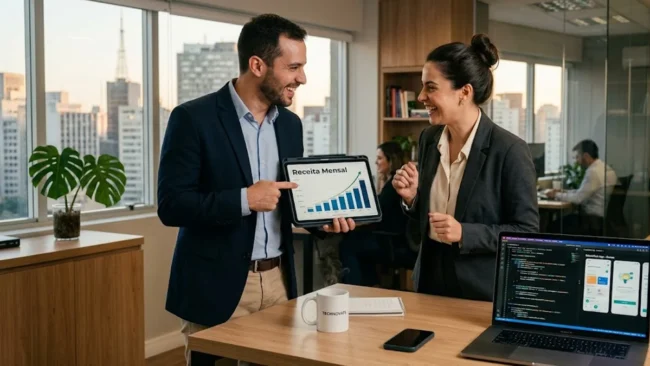 estrategias-monetizacao-app-educacional-negocios Empreendedor analisa métricas de crescimento de um aplicativo educacional em um tablet em ambiente de escritório moderno.