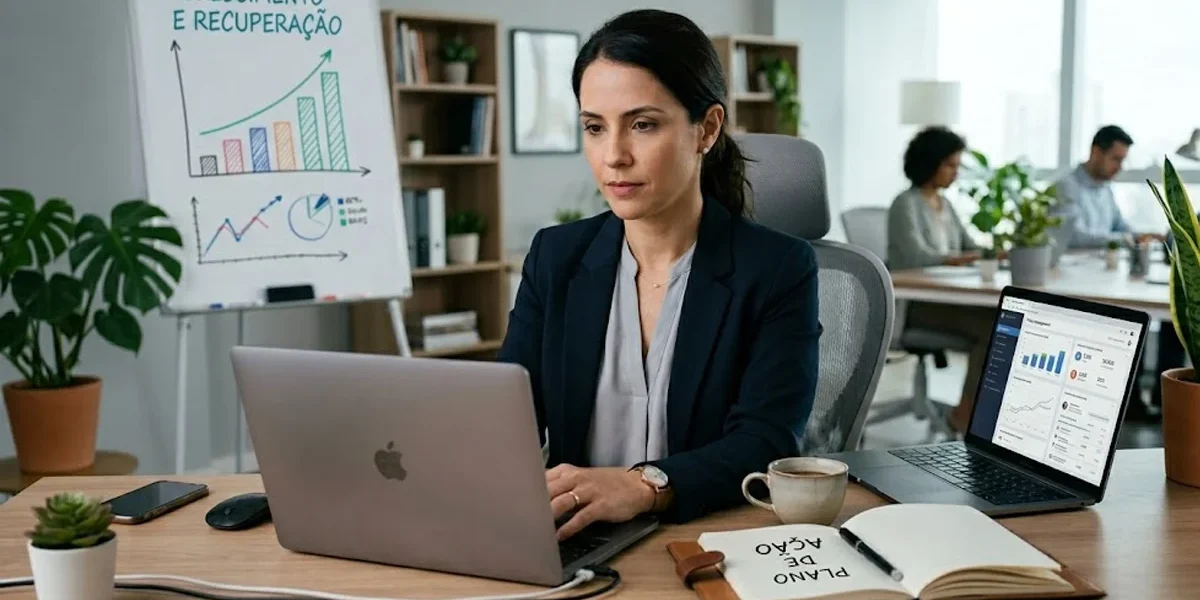 gestao-crise-marca-estrategia-digital Empresário em uma mesa de escritório mantendo a calma enquanto analisa dados de redes sociais em um notebook.