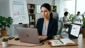Empresário em uma mesa de escritório mantendo a calma enquanto analisa dados de redes sociais em um notebook.