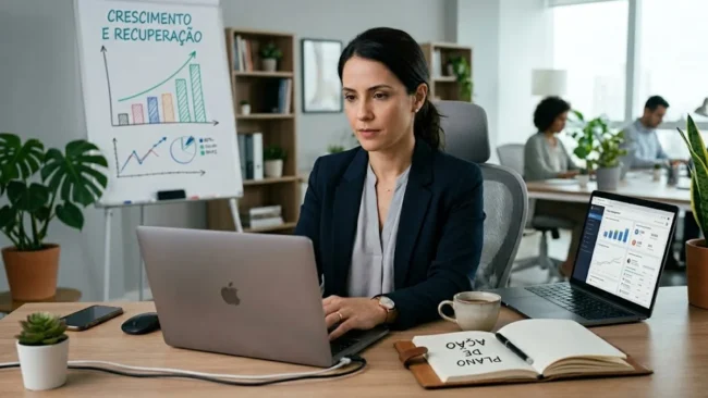 gestao-crise-marca-estrategia-digital Empresário em uma mesa de escritório mantendo a calma enquanto analisa dados de redes sociais em um notebook.