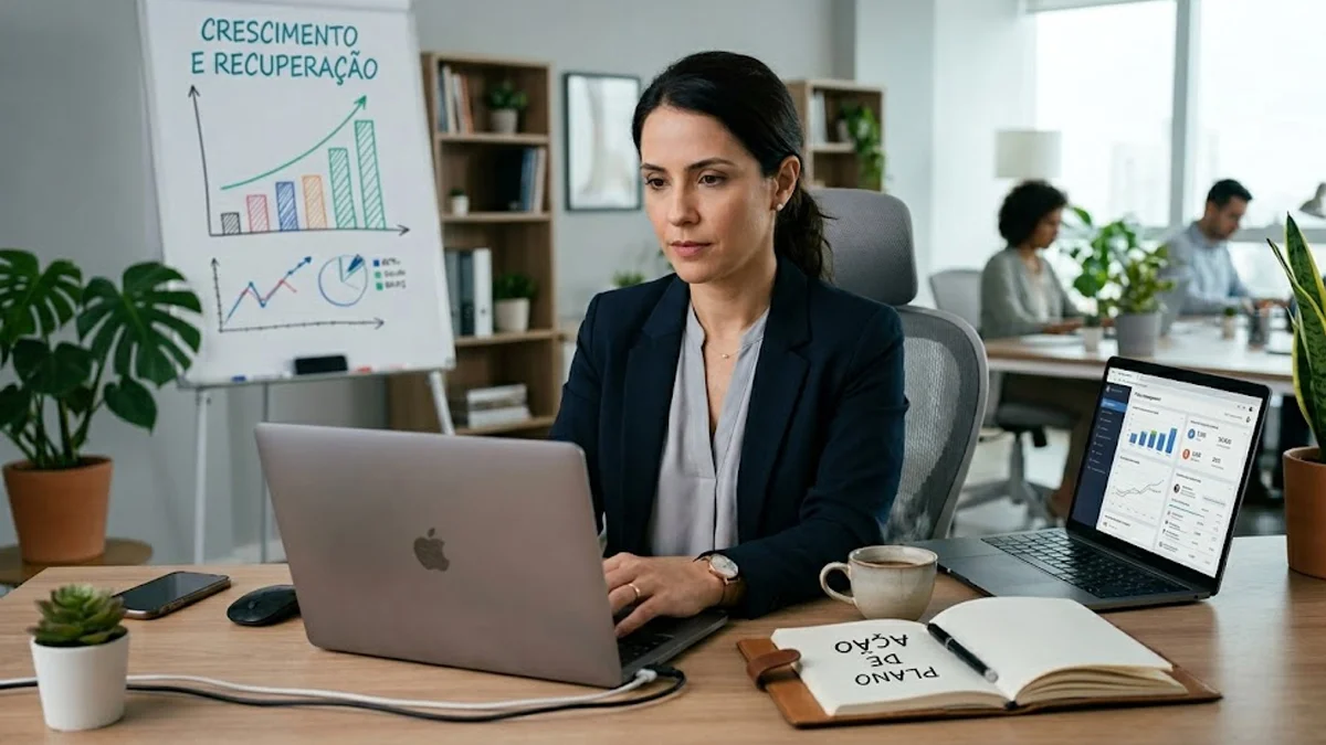 Empresário em uma mesa de escritório mantendo a calma enquanto analisa dados de redes sociais em um notebook.