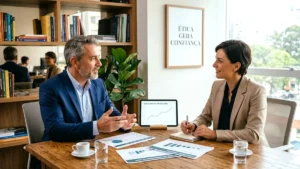 Um consultor de marketing profissional explicando gráficos de estratégia digital para um cliente em um escritório moderno.