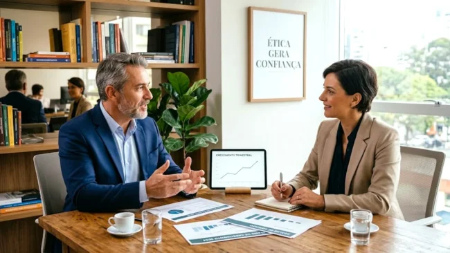 Um consultor de marketing profissional explicando gráficos de estratégia digital para um cliente em um escritório moderno.