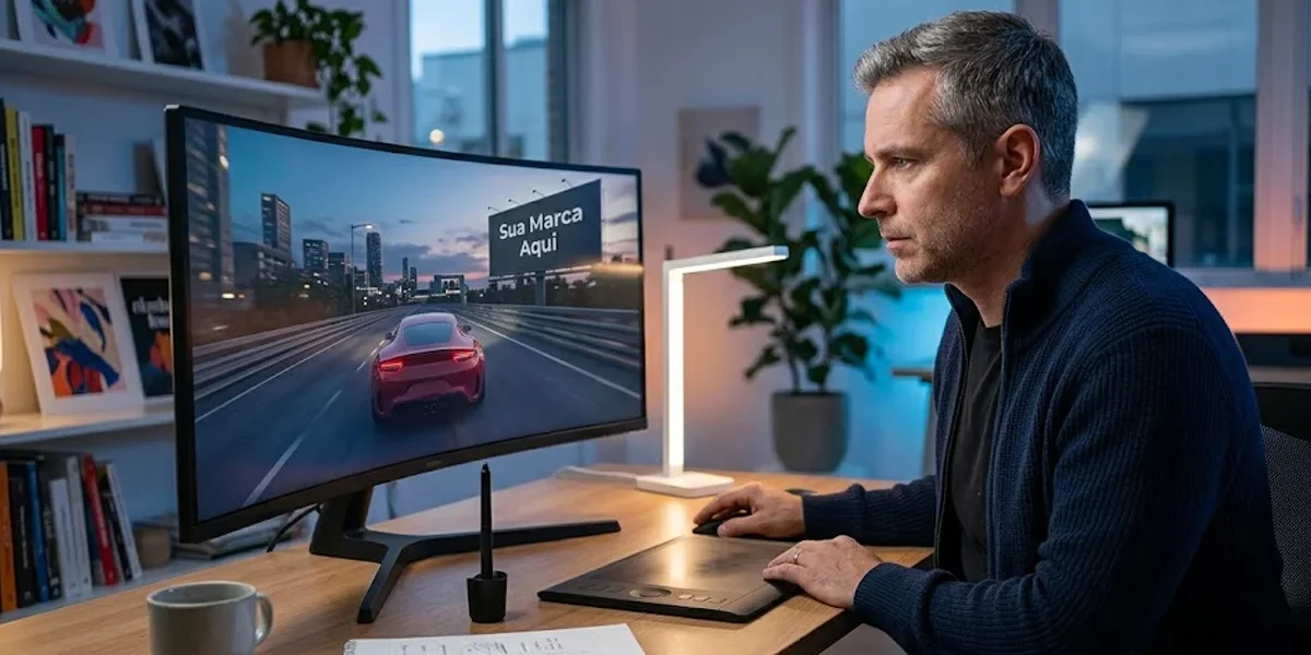 publicidade-nativa-jogos-estrategia-moderna Homem jovem em escritório moderno analisando tela com integração de marca em um ambiente de jogo virtual realista.