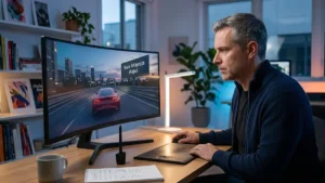 Homem jovem em escritório moderno analisando tela com integração de marca em um ambiente de jogo virtual realista.