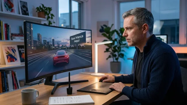 Homem jovem em escritório moderno analisando tela com integração de marca em um ambiente de jogo virtual realista.