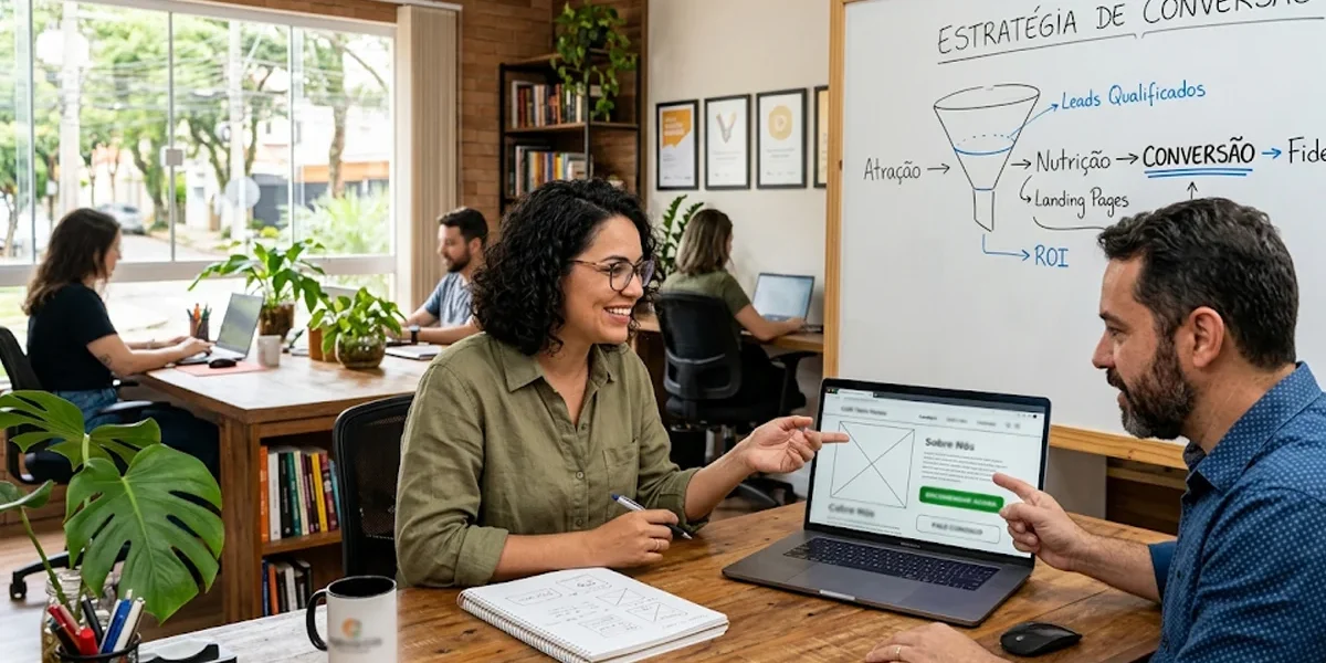 Equipe de marketing analisando em uma tela as métricas de conversão e melhorias na jornada do usuário em um site corporativo.