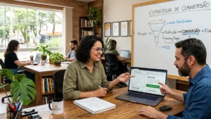 Equipe de marketing analisando em uma tela as métricas de conversão e melhorias na jornada do usuário em um site corporativo.